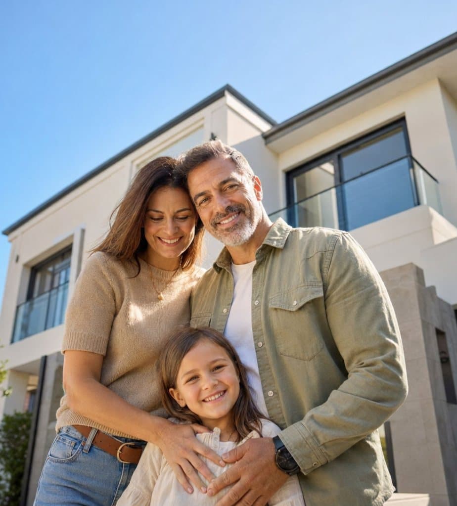 A family standing in front of their new home