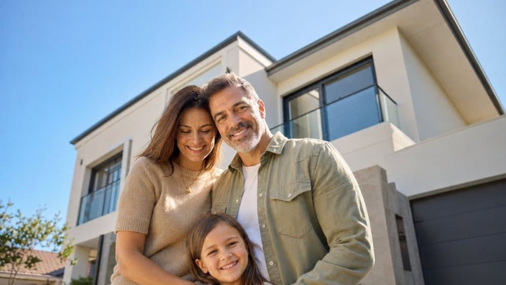 A family standing in front of their new home