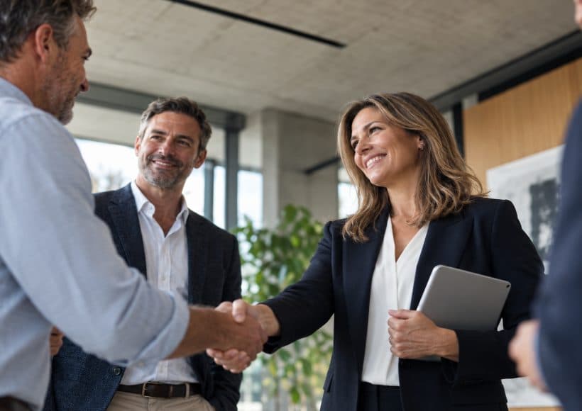 Two business people shaking hands in an office after agreeing a deal
