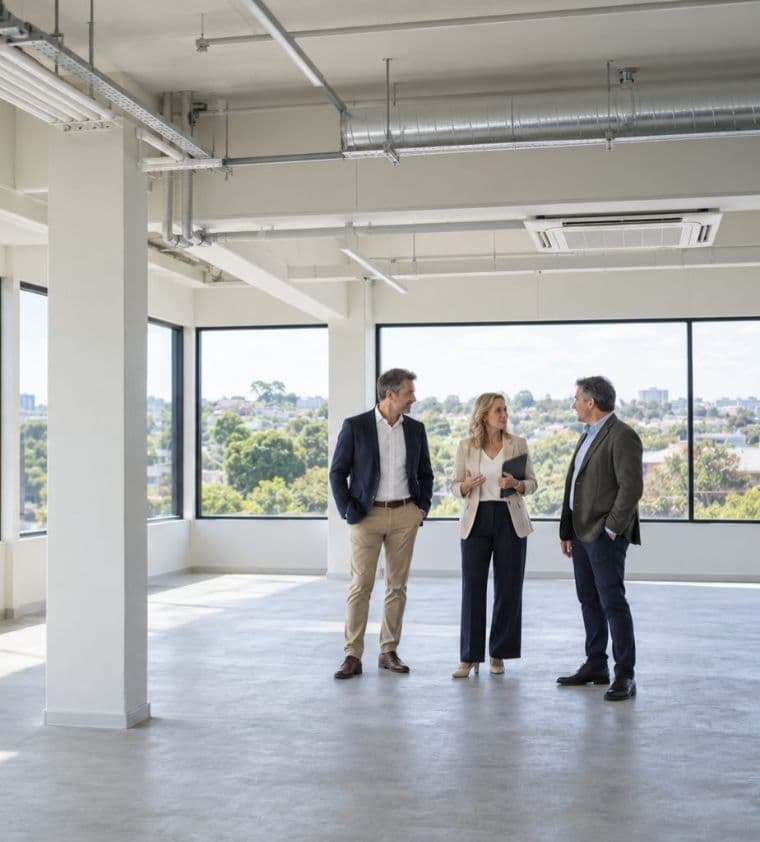 Three property professionals talking as they inspect an empty commercial office floor
