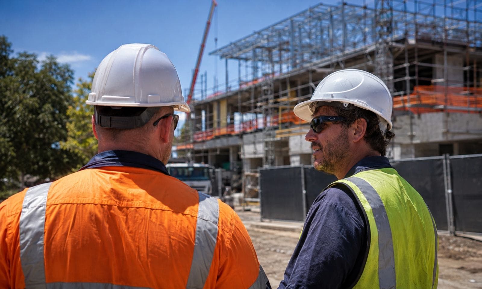 Two builders in hi-vis talking in front of a construction site